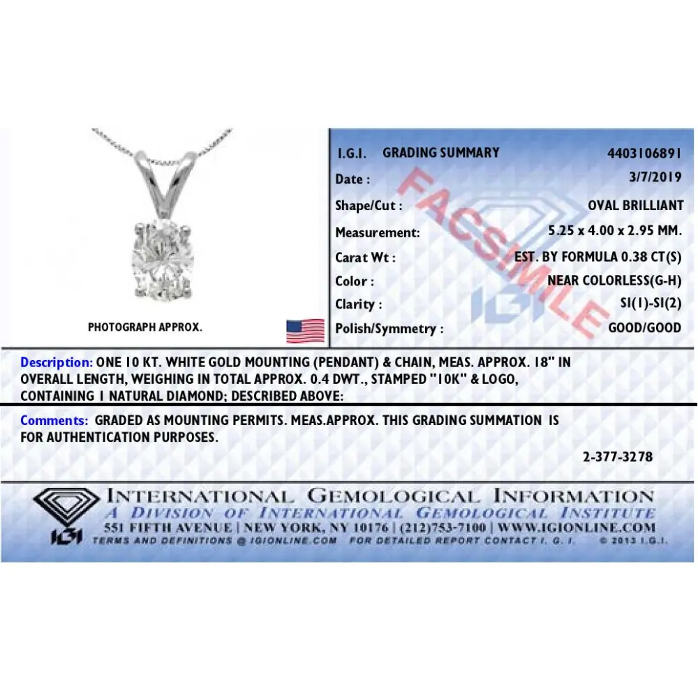 IGI Certified 10K White Gold 3/8 cttw Prong Set Diamond Oval Pendant Necklace (I-J Color, I1 Clarity) - Size 18" - Bijoux-NYC Direct