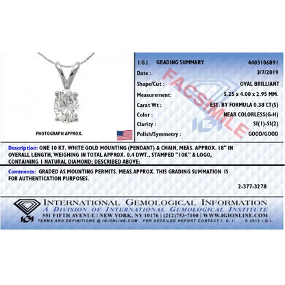 IGI Certified 10K White Gold 3/8 cttw Prong Set Diamond Oval Pendant Necklace (I-J Color, I1 Clarity) - Size 18" - Bijoux-NYC Direct