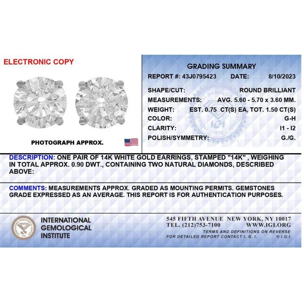 IGI Certified 14K White Gold 1 1/2 Cttw Round Diamond Solitaire Stud Earrings with Screwbacks (G-H Color, I1-I2 Clarity) - Bijoux-NYC Direct