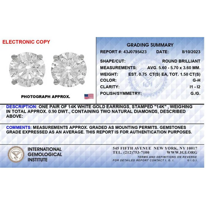 IGI Certified 14K White Gold 1 1/2 Cttw Round Diamond Solitaire Stud Earrings with Screwbacks (G-H Color, I1-I2 Clarity) - Bijoux-NYC Direct