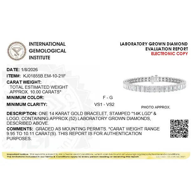 10 ct emerald cut lab grown diamond tennis bracelet in 14k white gold bijoux-nyc direct