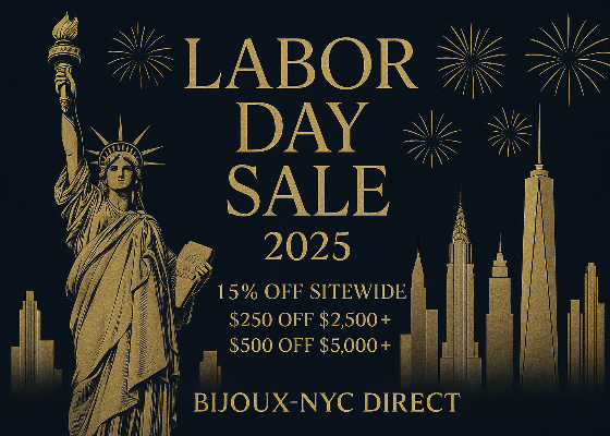 Elegant New York–style Labor Day Sale 2025 banner for Bijoux-NYC Direct featuring Statue of Liberty, NYC skyline, fireworks, and luxury gold typography on a black background.