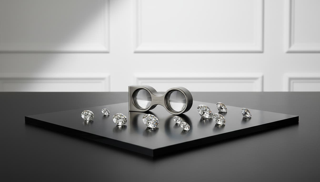 Loose round diamonds displayed on a sleek black platform beside a jeweler’s viewing loupe in a clean, minimalist luxury setting.