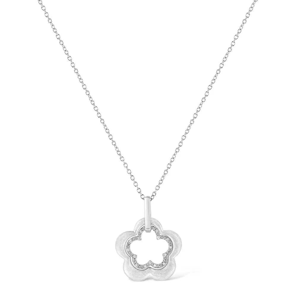 Satin sterling silver double flower diamond pendant necklace 1/20 cttw bijoux-nyc direct