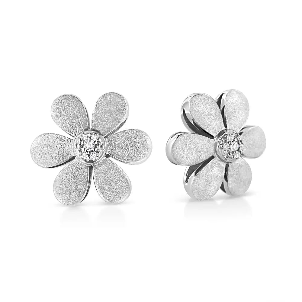 Diamond accent flower stud earrings in matte sterling silver – 1/20 cttw bijoux-nyc direct