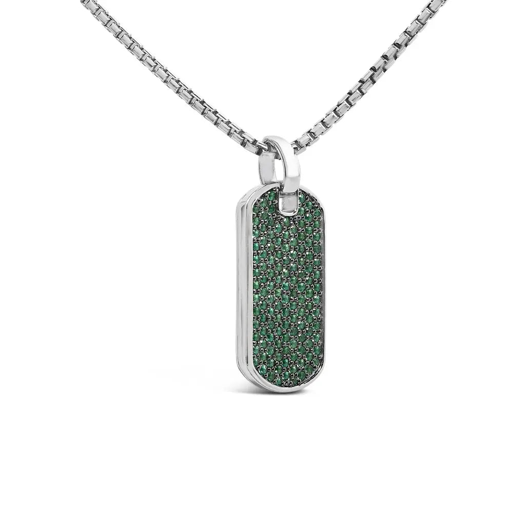 Men’s.925 sterling silver created green emerald dog tag pendant necklace 22’’ inches necklaces/pendant/pendant handcrafted