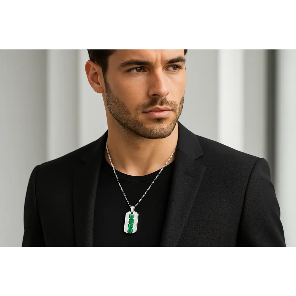 man wearing Men’s .925 Silver Green Emerald Dog Tag Pendant Necklace – 22" | Bijoux-NYC Direct

Meta Tag Description:
Discover modern style with this sterling silver men’s dog tag pendant featuring lab-created emeralds. Limited edition at Bijoux-NYC Direct.

URL Slug:
mens-sterling-silver-green-emerald-dog-tag-necklace