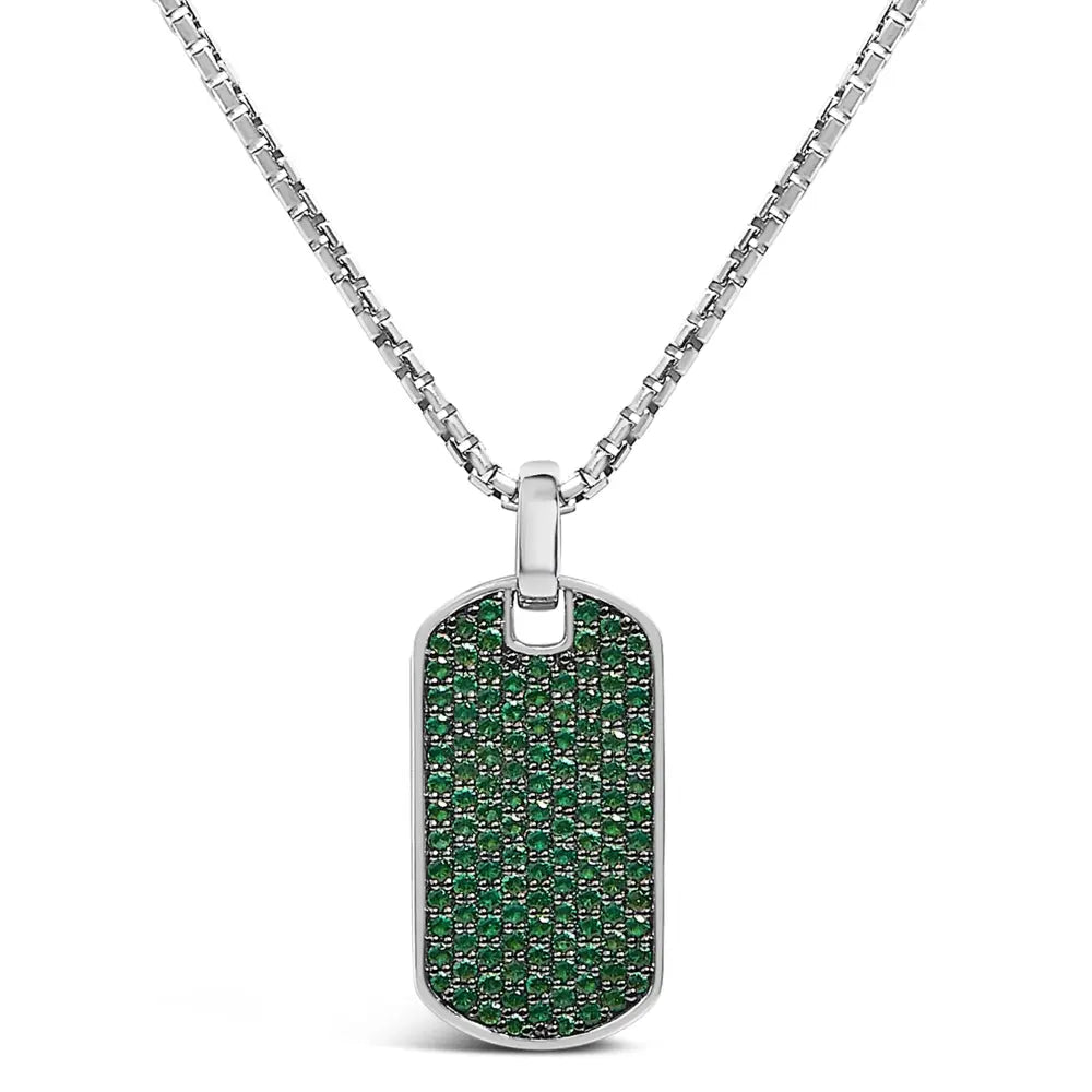 Men’s.925 sterling silver created green emerald dog tag pendant necklace 22’’ inches necklaces/pendant/pendant handcrafted