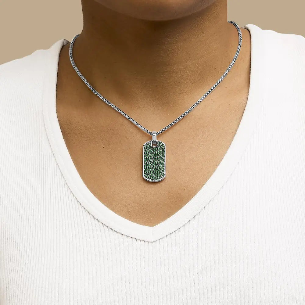 Men’s.925 sterling silver created green emerald dog tag pendant necklace 22’’ inches necklaces/pendant/pendant handcrafted