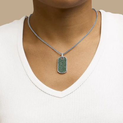 Men’s.925 sterling silver created green emerald dog tag pendant necklace 22’’ inches necklaces/pendant/pendant handcrafted