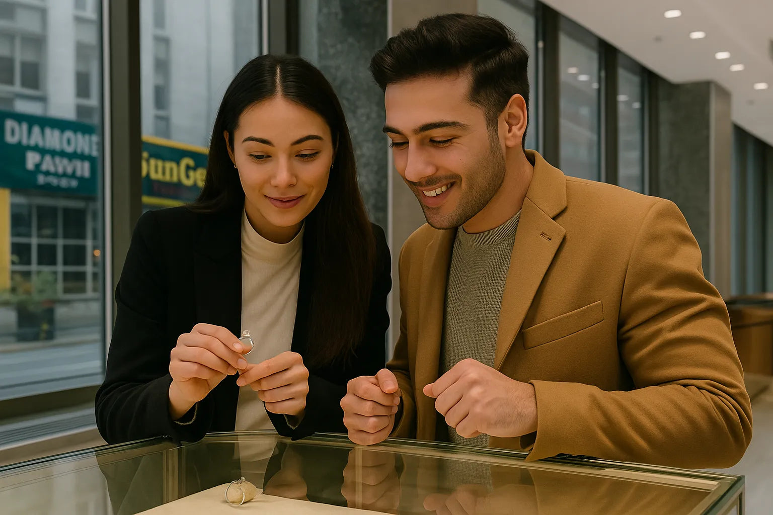 Millennial couple examining a lab-grown engagement ring in a modern NYC jewelry store with Diamond District skyline visible through windows.