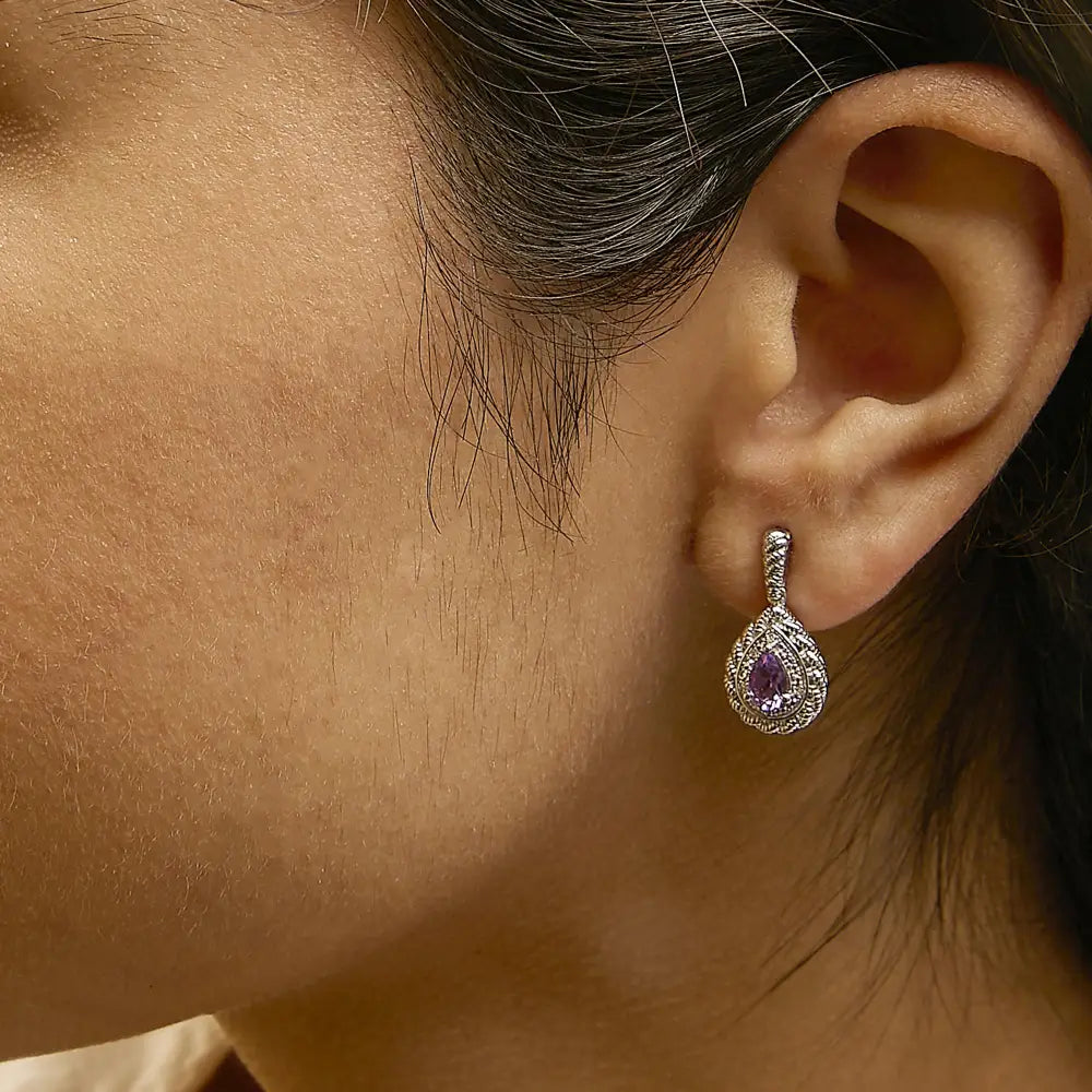 Pear-cut amethyst & diamond accent teardrop drop earrings in sterling silver