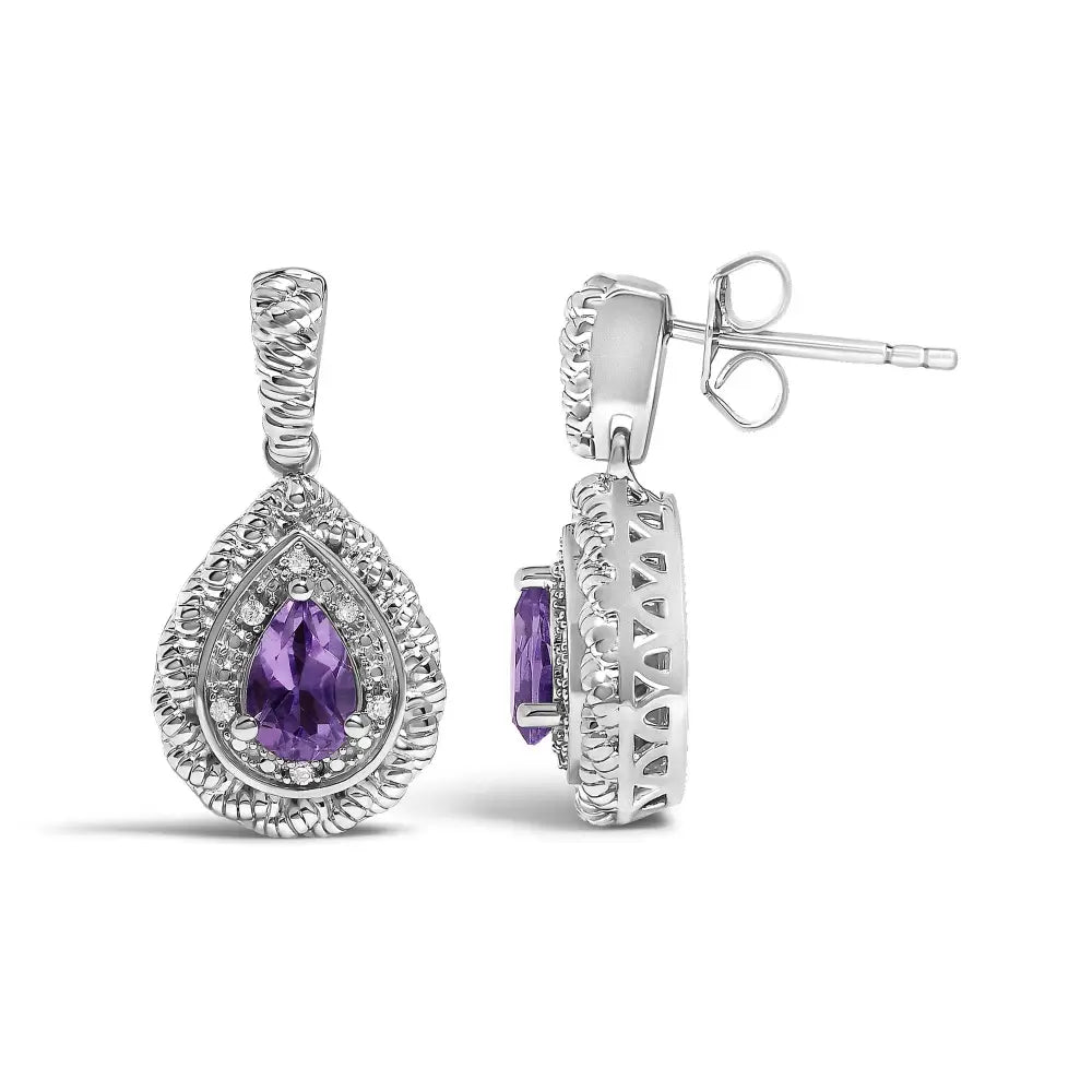 Pear-cut amethyst & diamond accent teardrop drop earrings in sterling silver