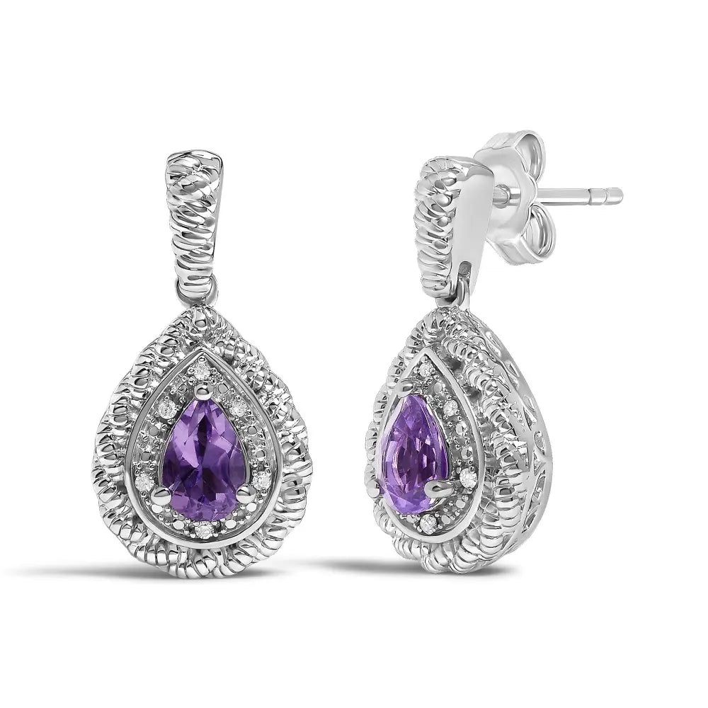 Pear-cut amethyst & diamond accent teardrop drop earrings in sterling silver