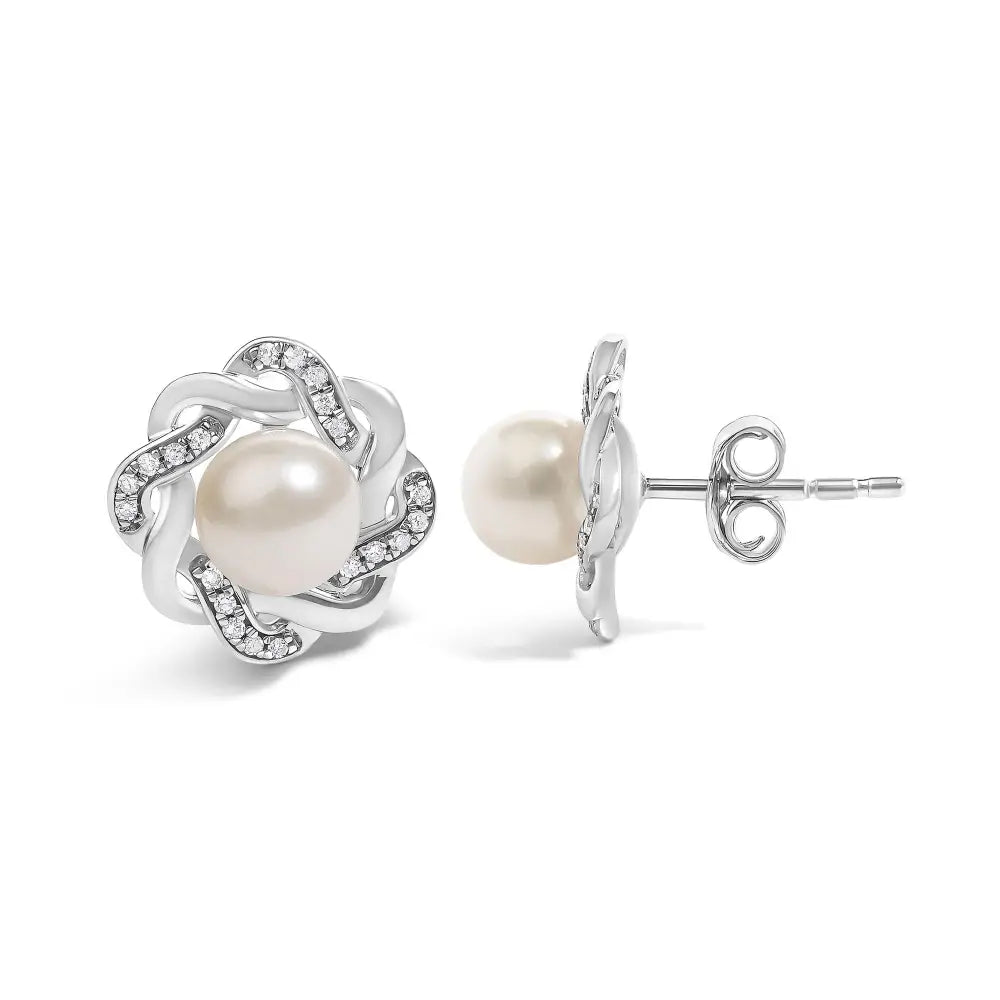 Pearl and diamond floral twist stud earrings in 925 sterling silver 0.10 cttw bijoux-nyc direct