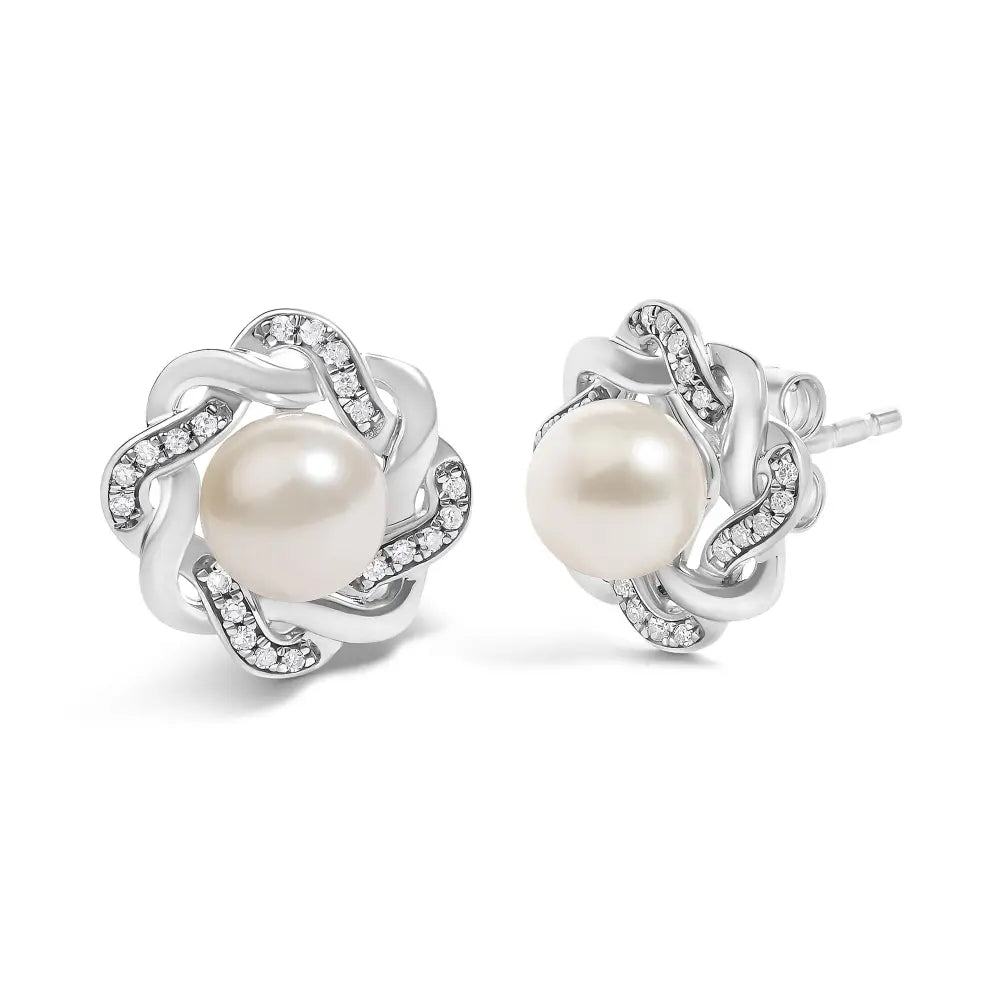Pearl and diamond floral twist stud earrings in 925 sterling silver 0.10 cttw bijoux-nyc direct