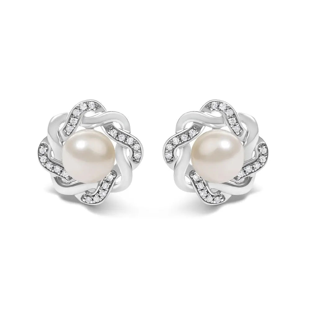 Pearl and diamond floral twist stud earrings in 925 sterling silver 0.10 cttw bijoux-nyc direct
