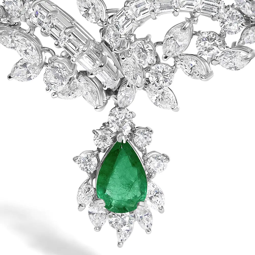 Platinum brazilian emerald and diamond jewelry set 38.30ct 19.76ct bijoux-nyc direct