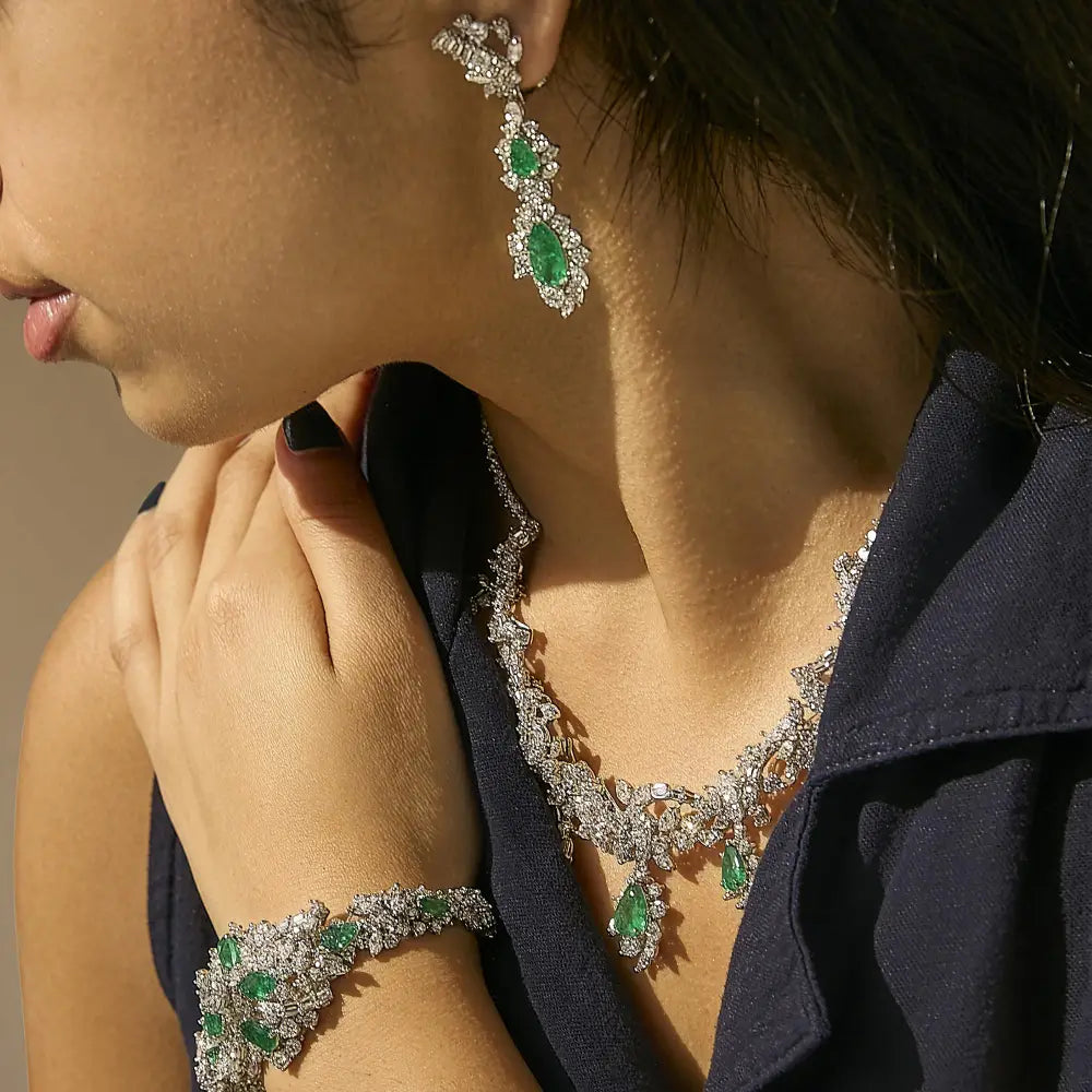Platinum brazilian emerald and diamond jewelry set 38.30ct 19.76ct bijoux-nyc direct