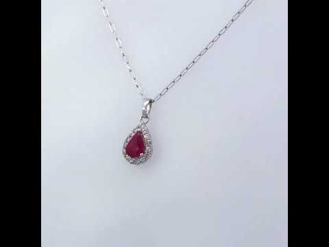 14K White Gold 6x4 Pear Red Ruby and Diamond Halo Pendant Necklace - 18" Inches
