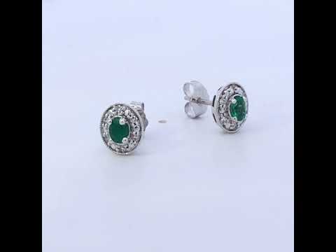 14K White Gold Oval Green Emerald and 1/10 Cttw Diamond Halo Stud Earrings  (I-J Color, I1-I2 Clarity)