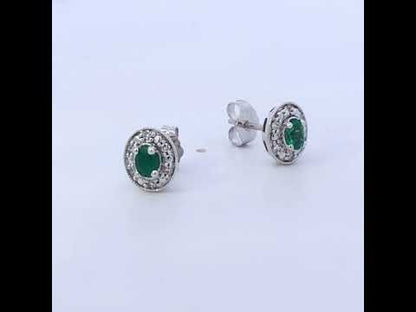 14K White Gold Oval Green Emerald and 1/10 Cttw Diamond Halo Stud Earrings  (I-J Color, I1-I2 Clarity)
