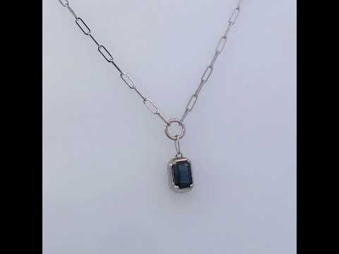 10K White Gold Emerald Cut 6x4 MM Blue Sapphire Solitaire Pendant Necklace - 18 inch