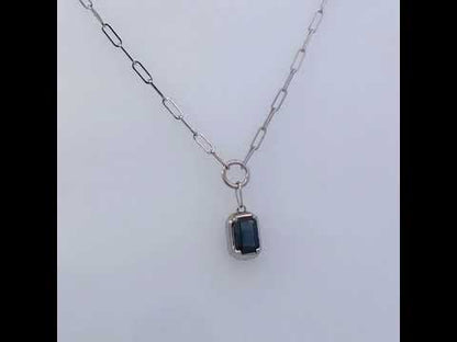 10K White Gold Emerald Cut 6x4 MM Blue Sapphire Solitaire Pendant Necklace - 18 inch