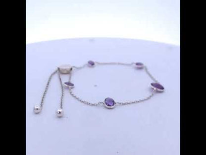 .925 Sterling Silver Bezel Set Purple Amethyst 5 Station Adjustable Bolo Bracelet