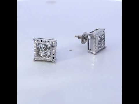 14K White Gold 2.00 Cttw Invisible Set Princess-Cut Lab Grown Diamond Wavy Quad Stud Earrings