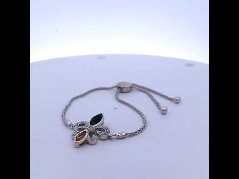 .925 Sterling Silver Marquise Black Onyx, Orange Citrine, & Diamond Accent Lariat 4”-10” Fleur De Lis Adjustable Bolo Bracelet (I-J Color, I1-I2 Clarity) - 7"