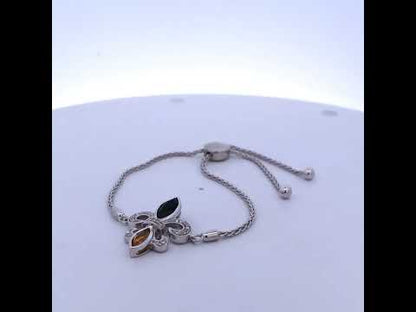 .925 Sterling Silver Marquise Black Onyx, Orange Citrine, & Diamond Accent Lariat 4”-10” Fleur De Lis Adjustable Bolo Bracelet (I-J Color, I1-I2 Clarity) - 7"