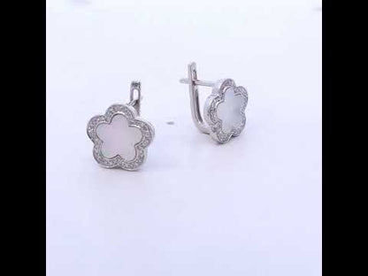 14K White Gold Mother of Pearl and 1/5 Cttw Diamond Halo Star Stud Earrings