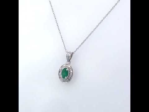 14K White Gold Oval Green Emerald and Diamond Halo Pendant Necklace - 18" Inches