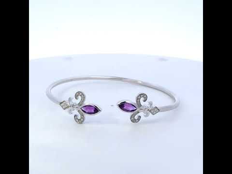 .925 Sterling Silver 8X4MM Marquise Purple Amethyst and Diamond Accent Fleur Di Lis Open Cuff Bangle (I-J Color, I1-I2 Clarity) - 7"