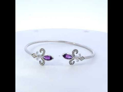 .925 Sterling Silver 8X4MM Marquise Purple Amethyst and Diamond Accent Fleur Di Lis Open Cuff Bangle (I-J Color, I1-I2 Clarity) - 7"