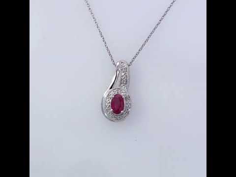 .925 Sterling Silver Red Ruby and Diamond Accent Milgrain Swirl Pendant Necklace - 18" Inches