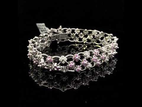 14K White Gold Pink Sapphire and Diamond Floral Lattice Link Bracelet - 7.25" Inches