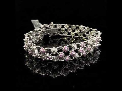 14K White Gold Pink Sapphire and Diamond Floral Lattice Link Bracelet - 7.25" Inches
