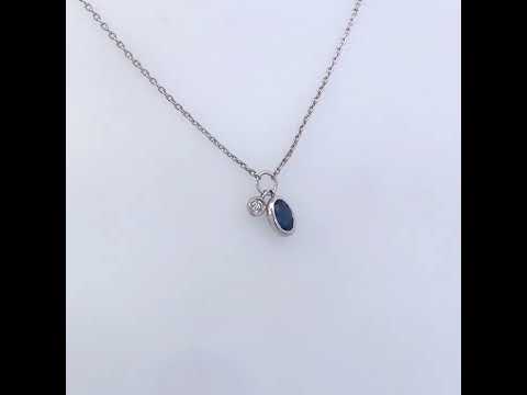 10K White Gold Oval Blue Sapphire and Diamond Double Charm Pendant Necklace - 18" Inches