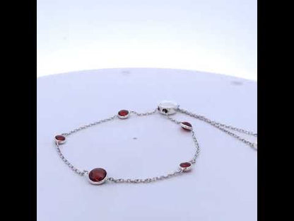 .925 Sterling Silver Bezel Set Red Garnet 5 Station Adjustable Bolo Bracelet