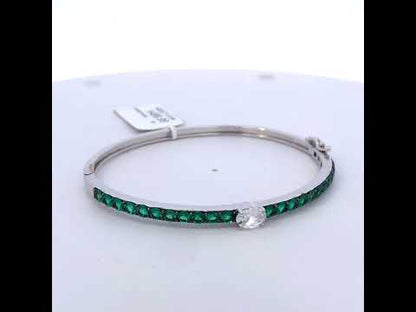 .925 Sterling Silver Created Sapphire and Emerald Semi Eternity Bangle Bracelet - 7" Inches