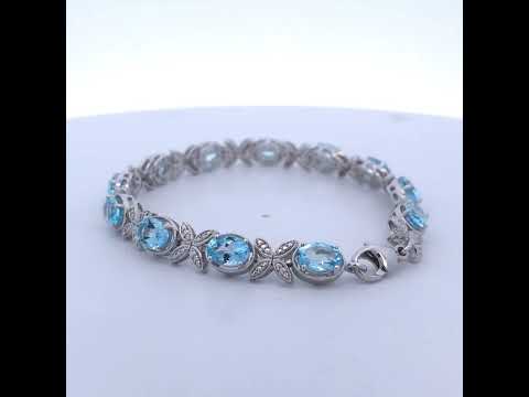 .925 Sterling Silver Oval Blue Topaz Diamond Butterfly Link Bracelet (I-J Color, I1-I2 Clarity) - Size 7" Inches