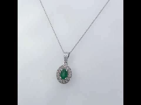 14K White Gold Oval 6x4 MM Green Emerald and Diamond Halo Pendant Necklace - 18 inch