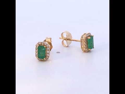 14K Yellow Gold Green Emerald and 1/8 Cttw Diamond Halo Octagonal Shaped Stud Earrings  (I-J Color, I1-I2 Clarity)