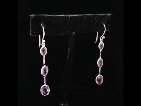 .925 Sterling Silver Checkerboard Cut Oval Purple Amethyst 2" Inch Drop and Dangle Earrings