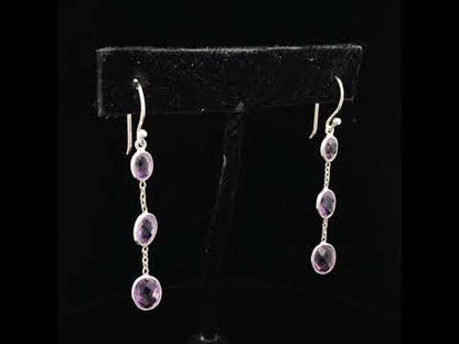 .925 Sterling Silver Checkerboard Cut Oval Purple Amethyst 2" Inch Drop and Dangle Earrings