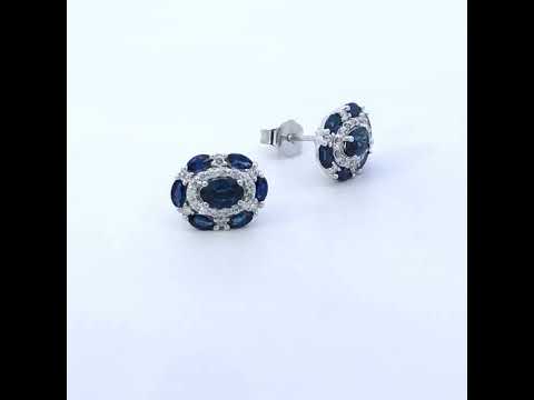 14K White Gold Blue Sapphire and Diamond Vintage Style Stud Earrings (G-H Color, SI2-I1 Clarity)