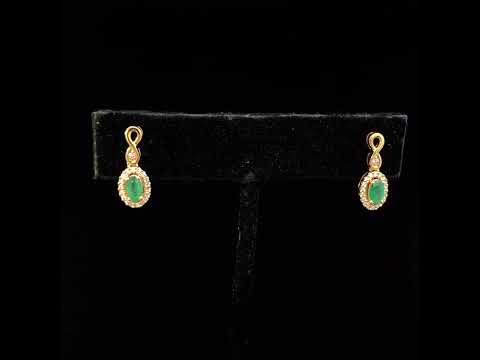 10K Yellow Gold Oval Cut Green Emerald 5x3 mm and 1/7 Cttw Round Diamond Dangle Earrings