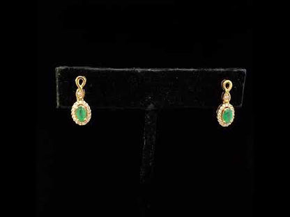 10K Yellow Gold Oval Cut Green Emerald 5x3 mm and 1/7 Cttw Round Diamond Dangle Earrings